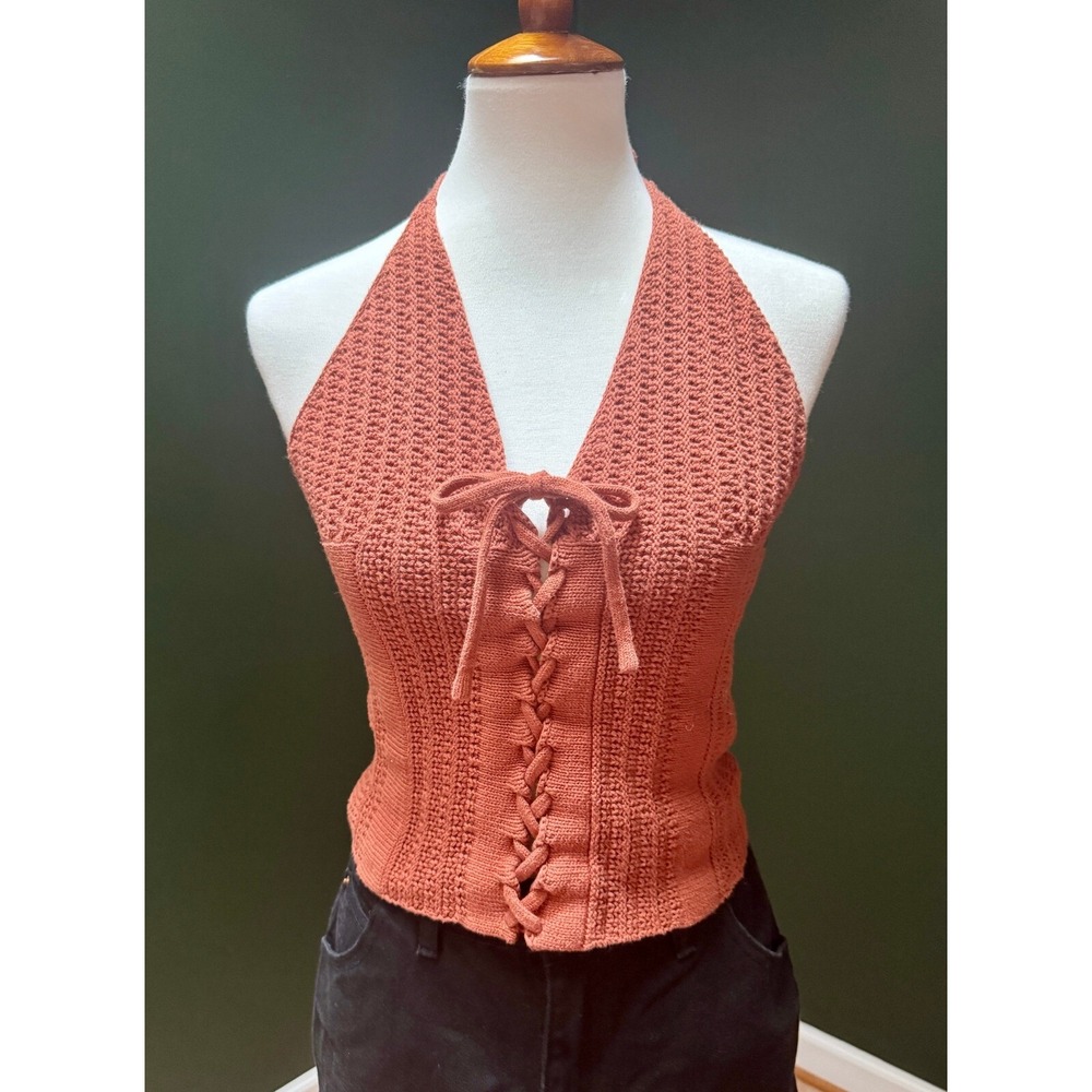 Forever 21 Orange Crochet Lace Up Boho Festival Halter Top Women's L‎